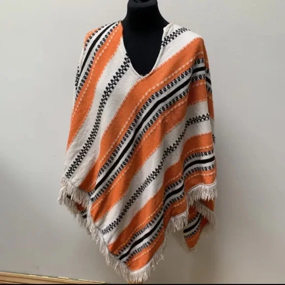Vintage 70s poncho white orange fringed - Picture 1 of 14